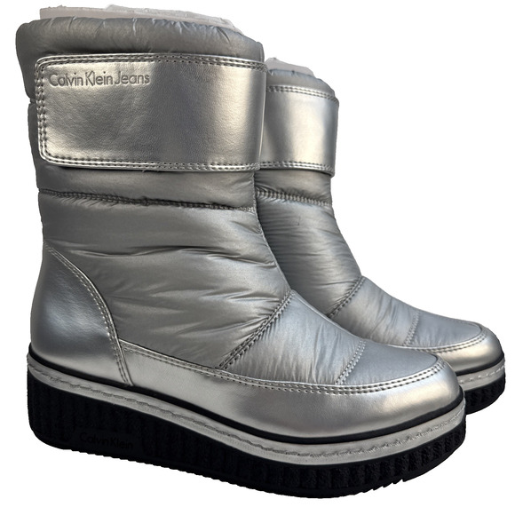 Calvin Klein Leonie Silver Winter Boots Women's Size 6 M Ankle NIB - Picture 1 of 10